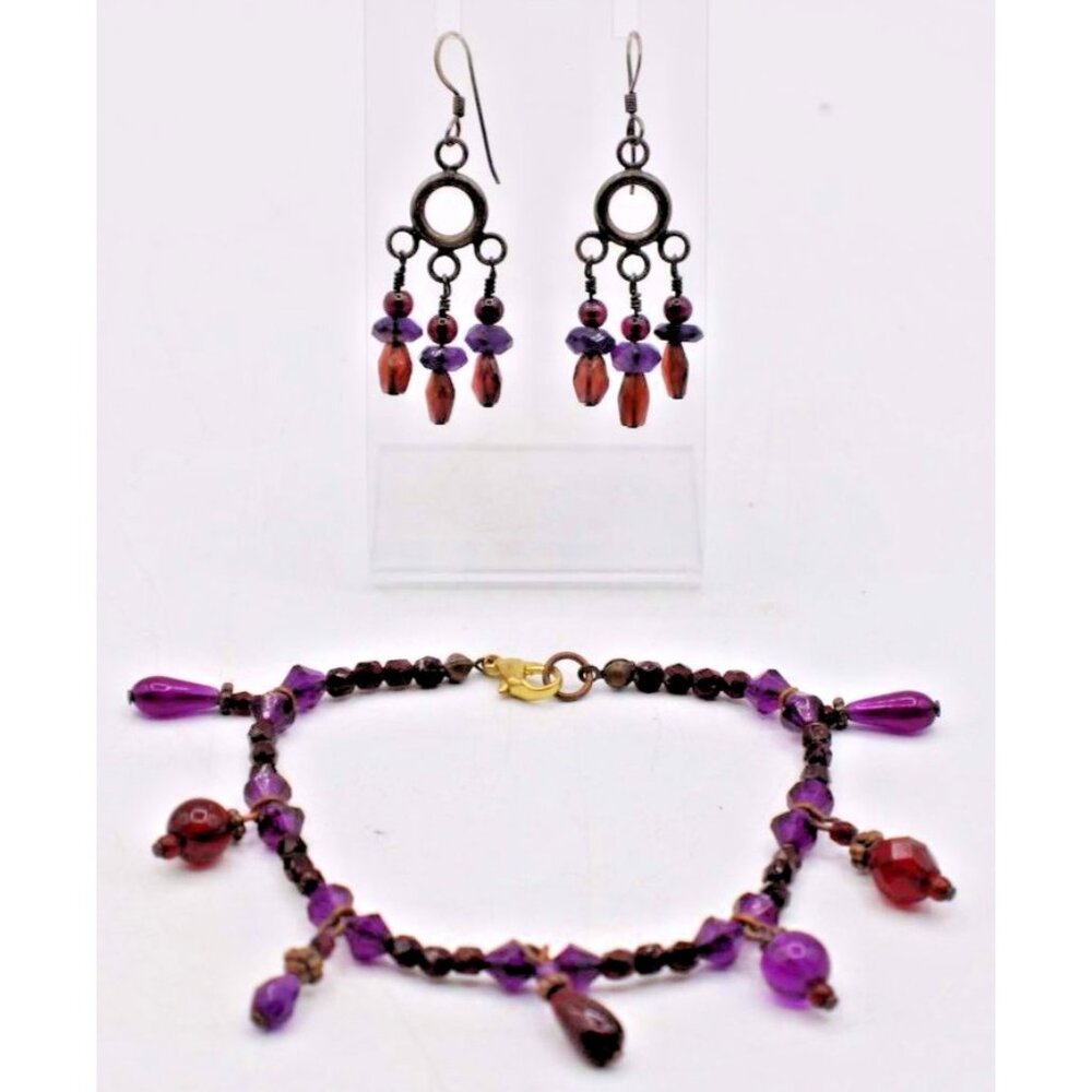 Bohemian Beaded Hoop Dangle Earrings and Bracelet Set Purple Pink Gemstones Vtg
